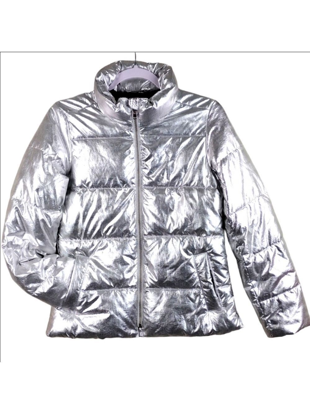 J. Crew Navy Silver Metallic Funnel Neck Long Sleeve Zipper Front Puffer Jacket